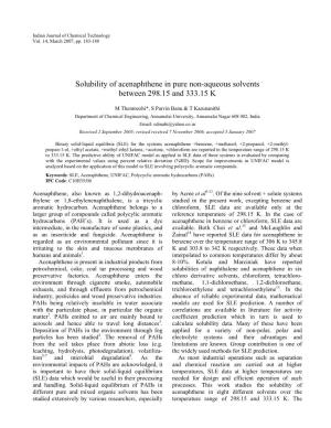 Solubility of Acenaphthene in Pure Non-Aqueous Solvents Between 298.15 and 333.15 K