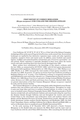 148 FIRST REPORT of COMMON MERGANSER (Mergus Merganser) for CUBA and the GREATER ANTILLES 1Centro De Investigaciones De Ecosiste