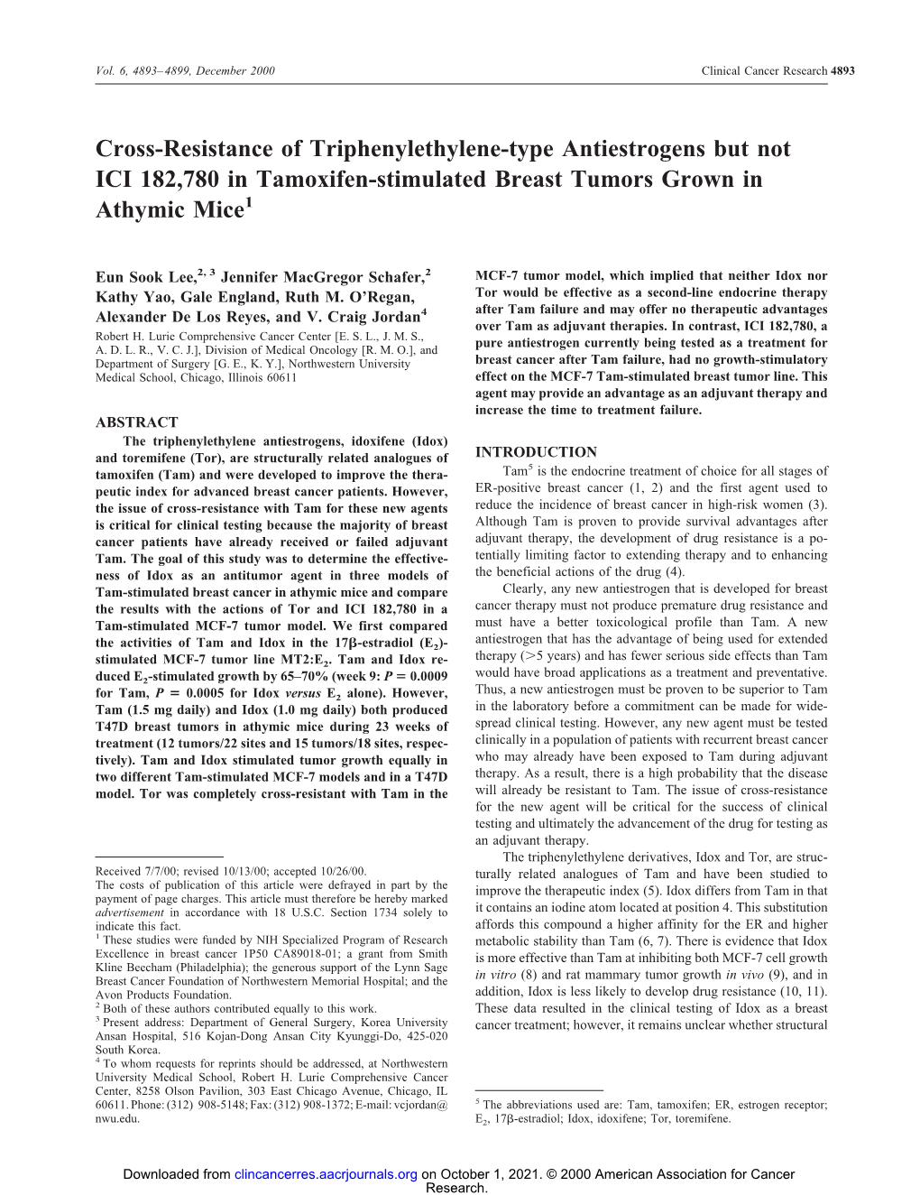 Cross-Resistance of Triphenylethylene-Type Antiestrogens but Not ICI 182,780 in Tamoxifen-Stimulated Breast Tumors Grown in Athymic Mice1