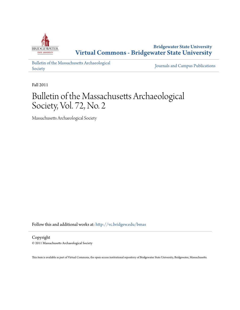 Bulletin of the Massachusetts Archaeological Society, Vol. 72, No. 2 Massachusetts Archaeological Society