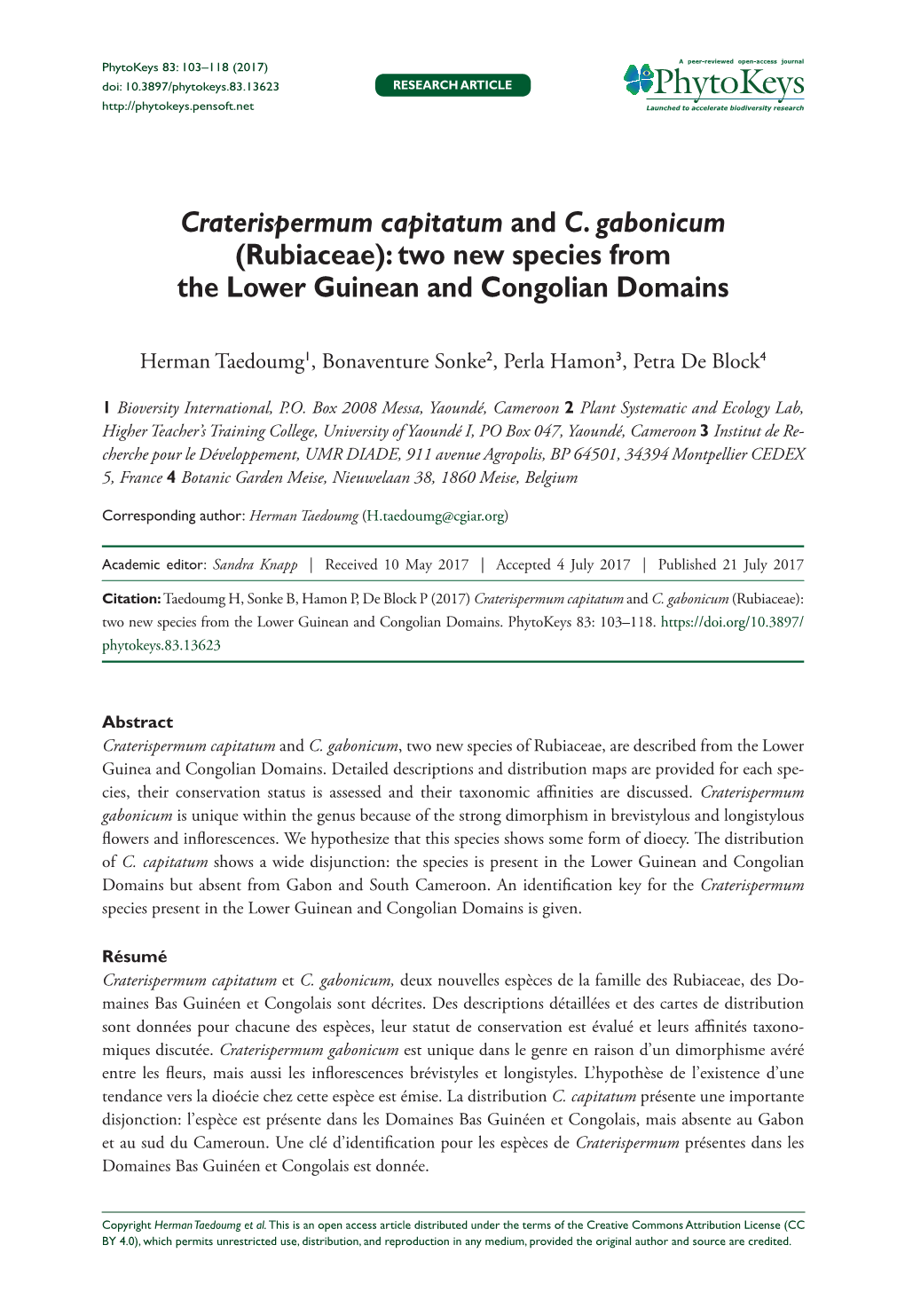 Craterispermum Capitatum and C. Gabonicum (Rubiaceae): Two New Species from the Lower Guinean and Congolian Domains