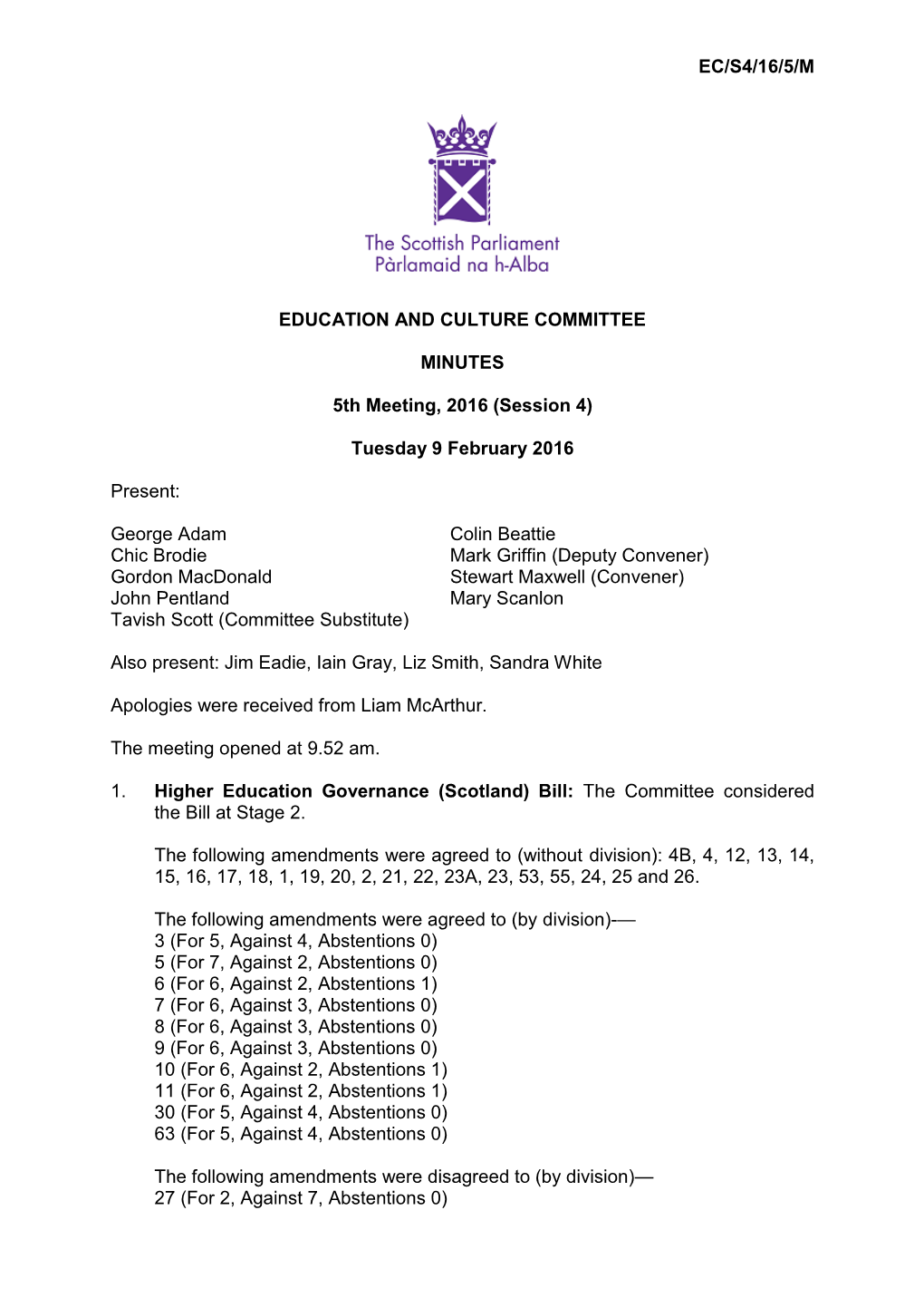 Ec/S4/16/5/M Education and Culture Committee Minutes