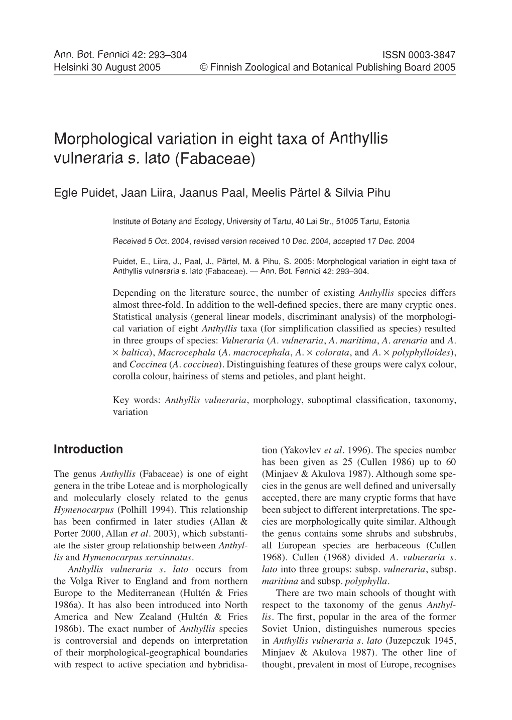 Morphological Variation in Eight Taxa of Anthyllis Vulneraria S. Lato (Fabaceae)