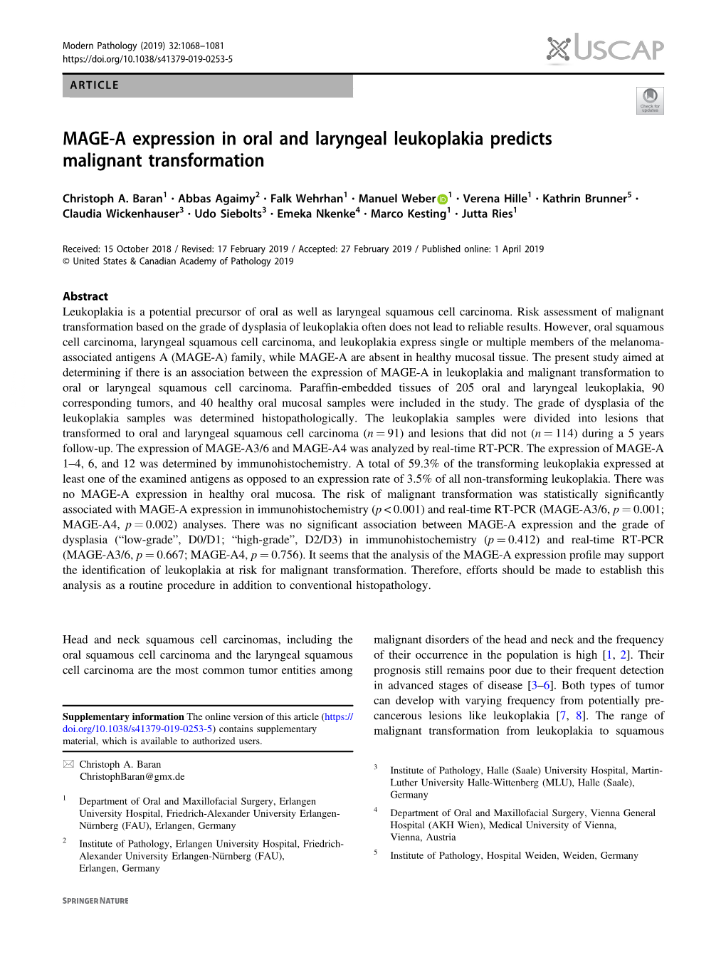 MAGE-A Expression in Oral and Laryngeal Leukoplakia Predicts Malignant Transformation