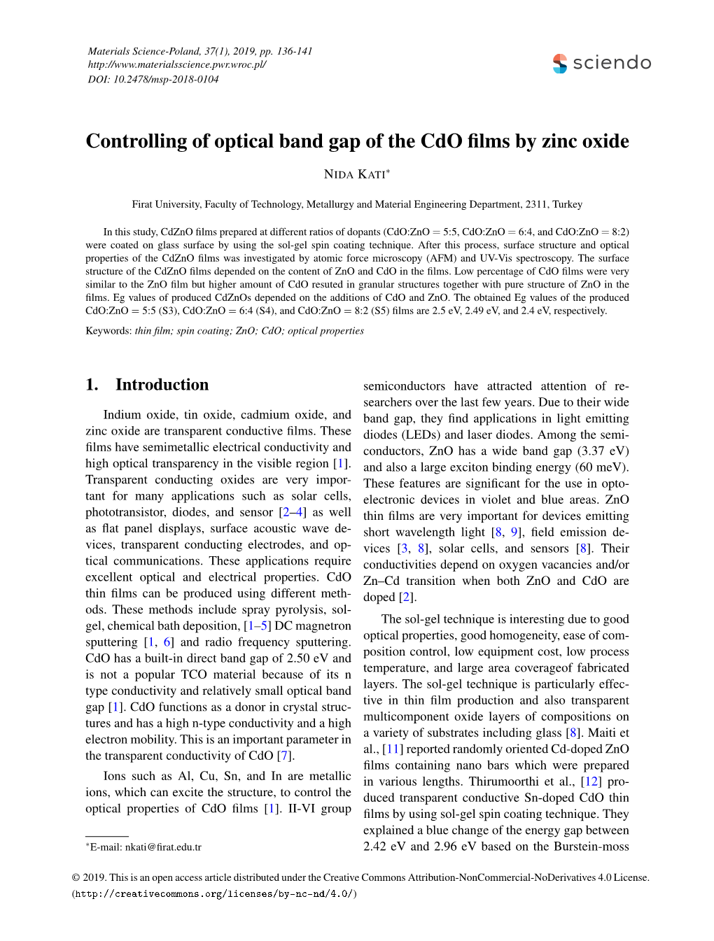 Controlling of Optical Band Gap of the Cdo Films by Zinc Oxide