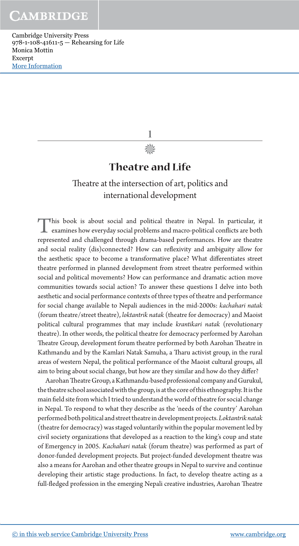 Theatre and Life Heatre at the Intersection of Art, Politics and International Development