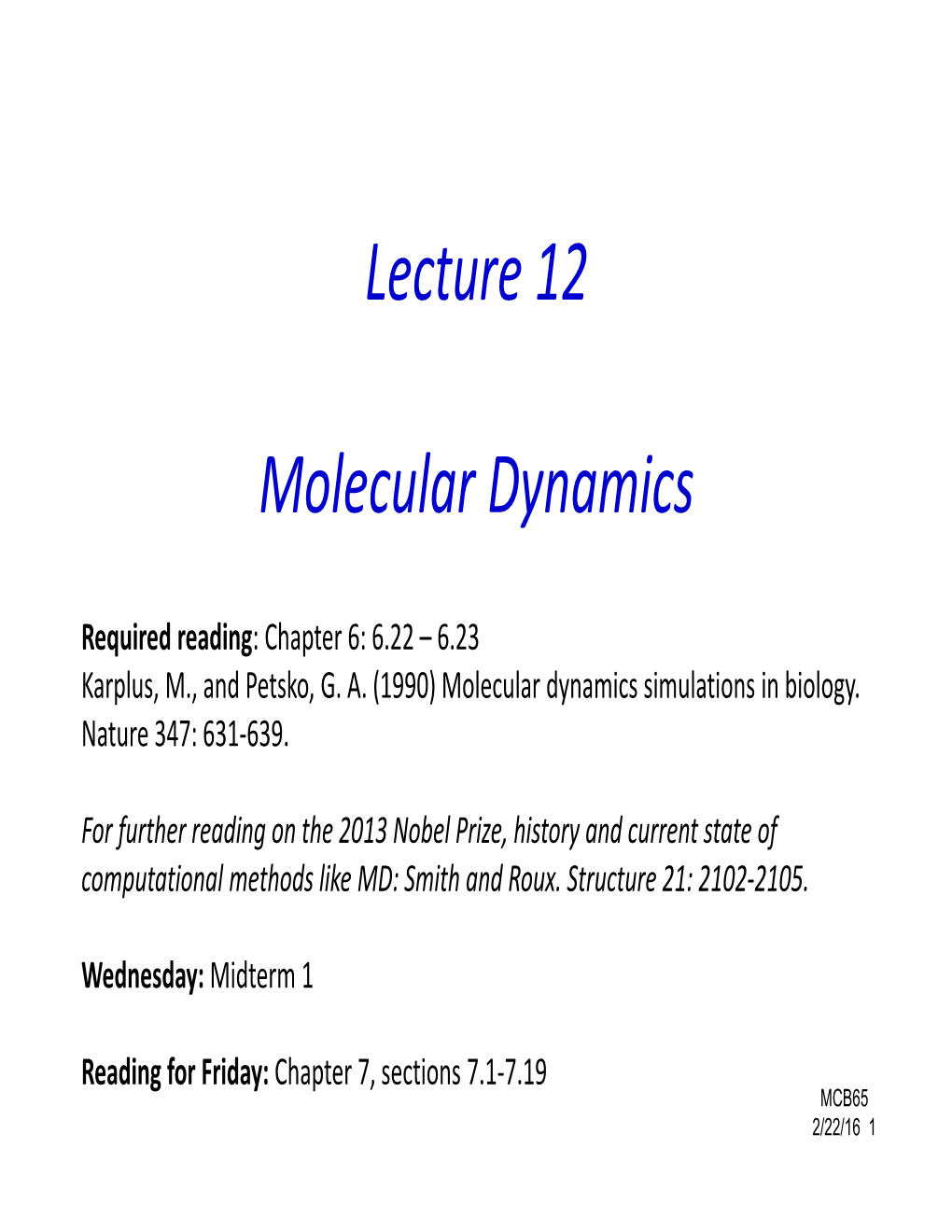 Lecture 12 Molecular Dynamics