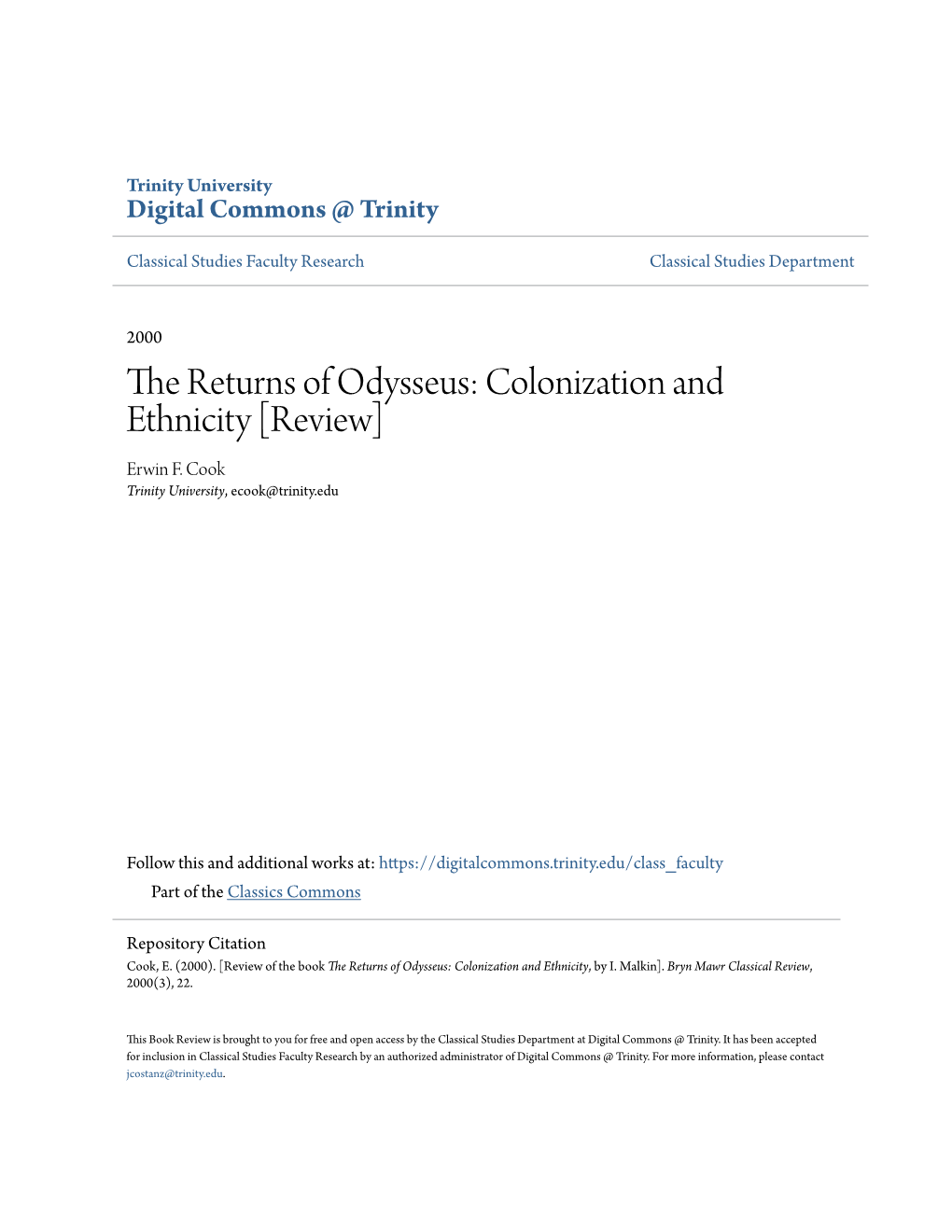 The Returns of Odysseus: Colonization and Ethnicity [Review] Erwin F