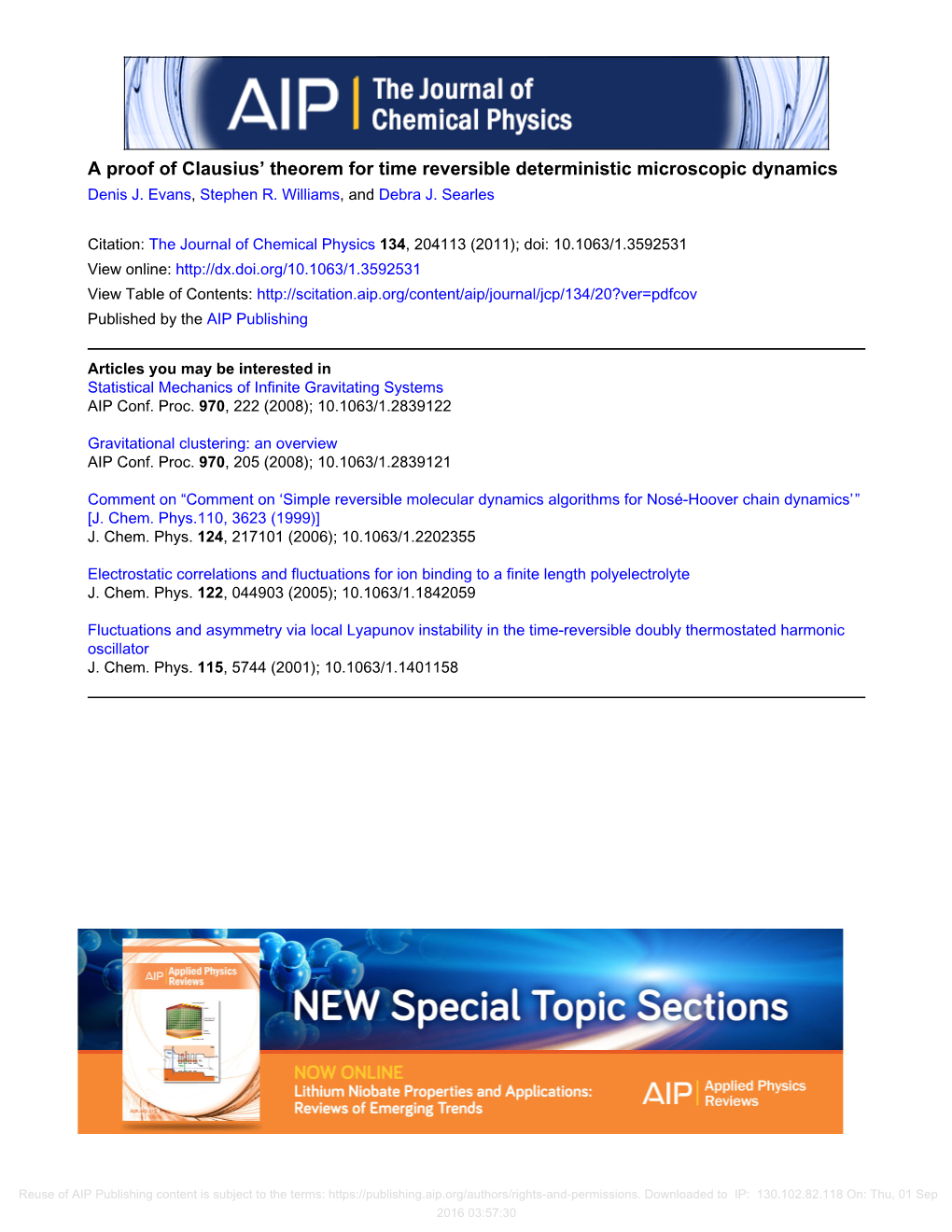 A Proof of Clausius' Theorem for Time Reversible Deterministic Microscopic