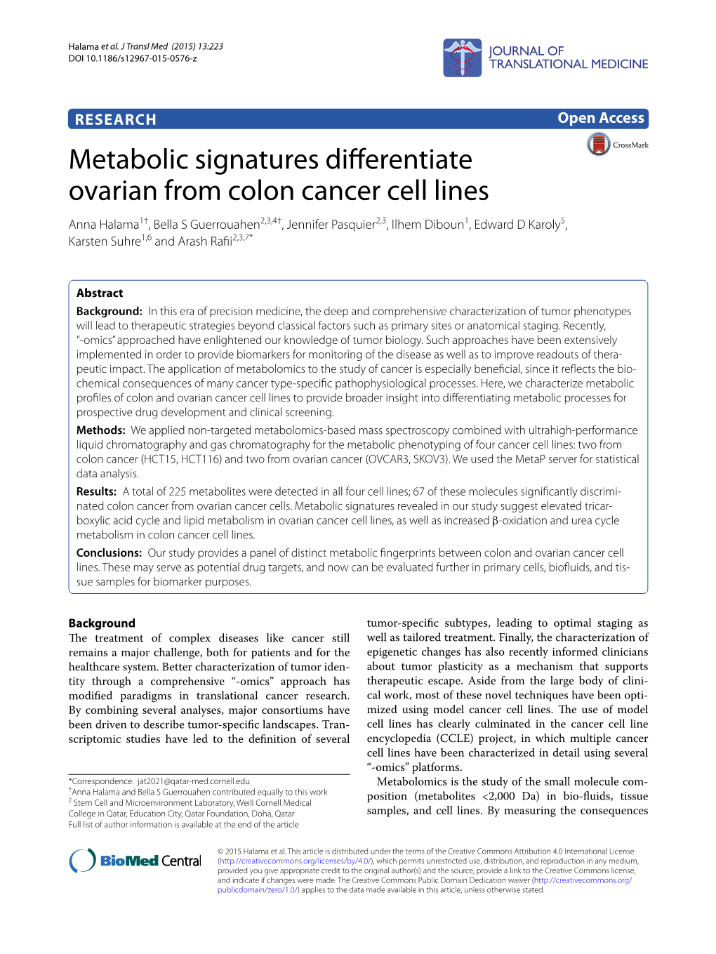 Metabolic Signatures Differentiate Ovarian from Colon Cancer Cell Lines