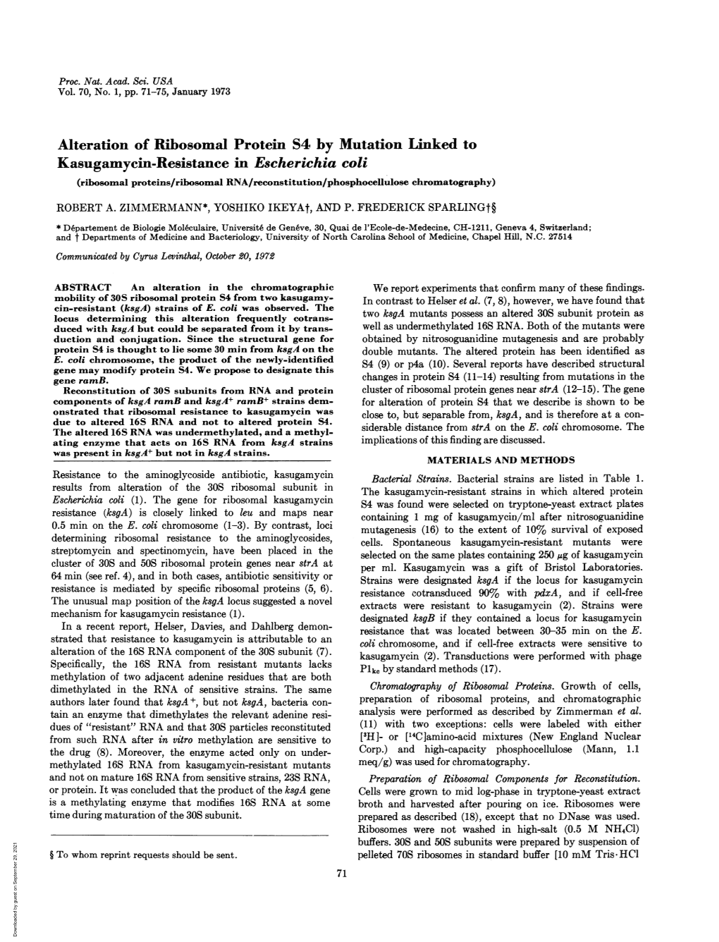 Kasugamycin-Resistance in Escherichia Coli (Ribosomal Proteins/Ribosomal RNA/Reconstitution/Phosphocellulose Chromatography) ROBERT A