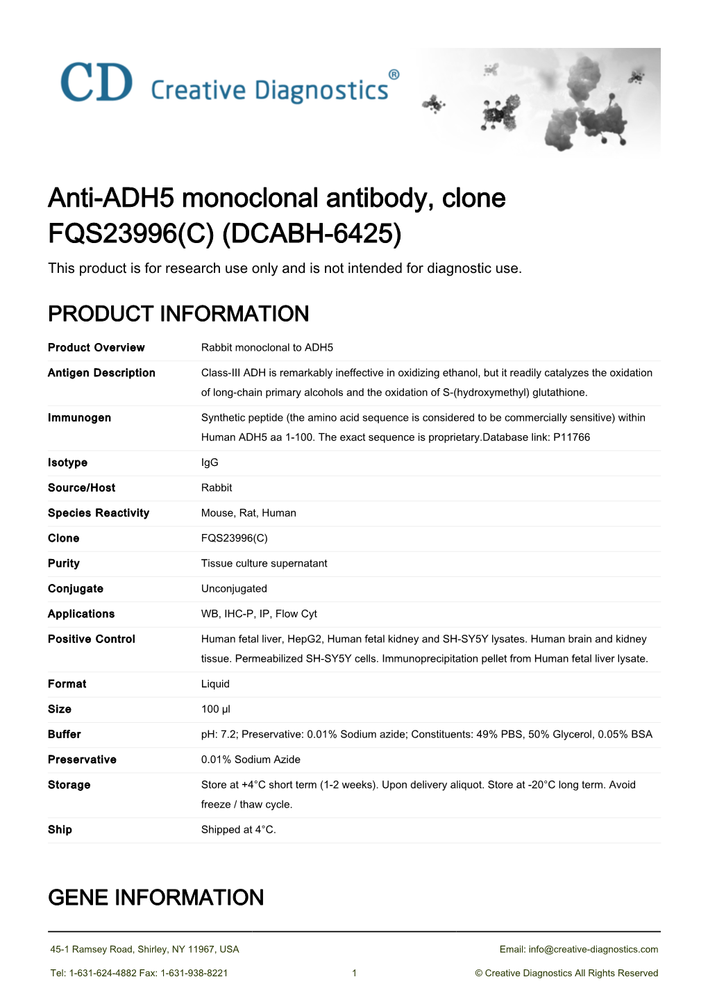 Anti-ADH5 Monoclonal Antibody, Clone FQS23996(C) (DCABH-6425) This Product Is for Research Use Only and Is Not Intended for Diagnostic Use