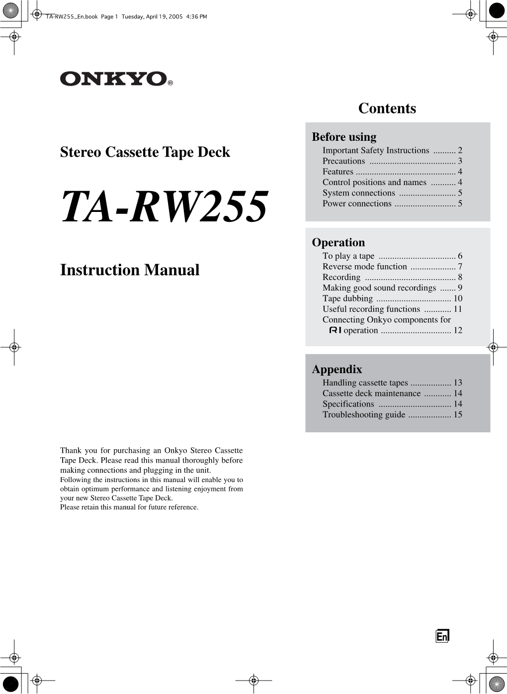 En Stereo Cassette Tape Deck TA-RW255 Instruction