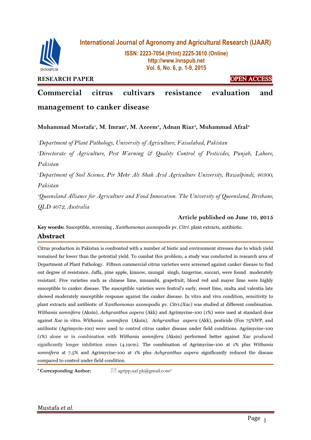 Commercial Citrus Cultivars Resistance Evaluation and Management to Canker Disease