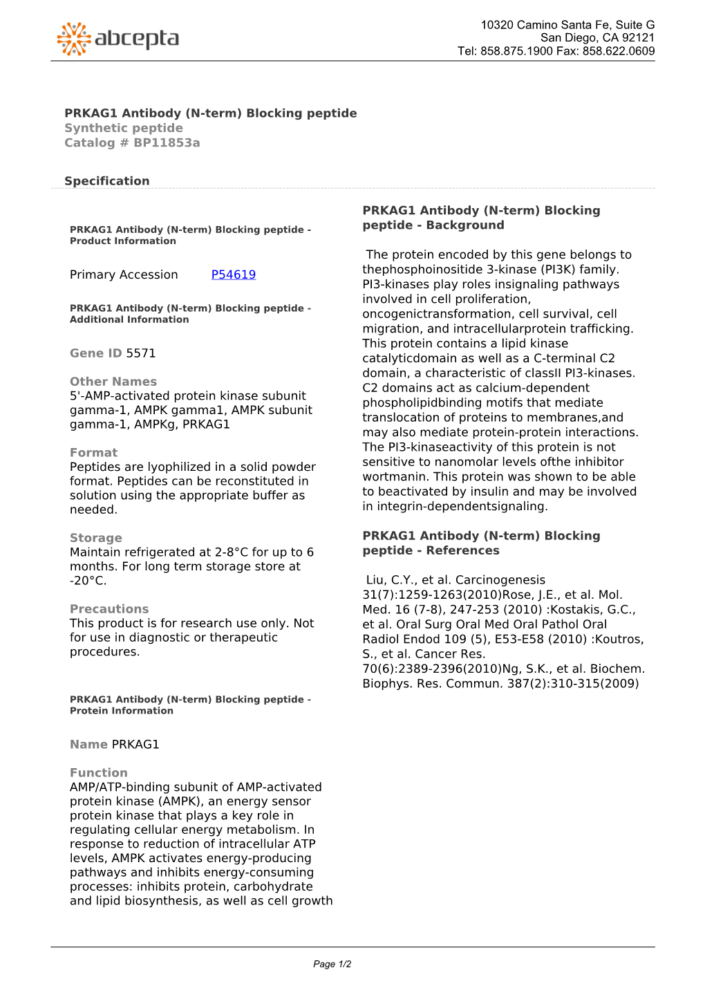 PRKAG1 Antibody (N-Term) Blocking Peptide Synthetic Peptide Catalog # Bp11853a