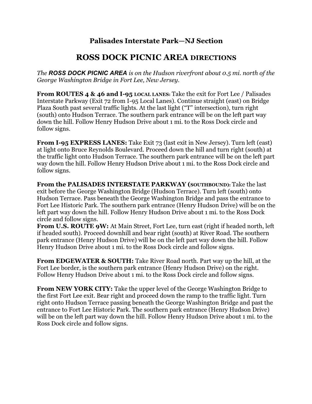 Ross Dock Picnic Area Directions