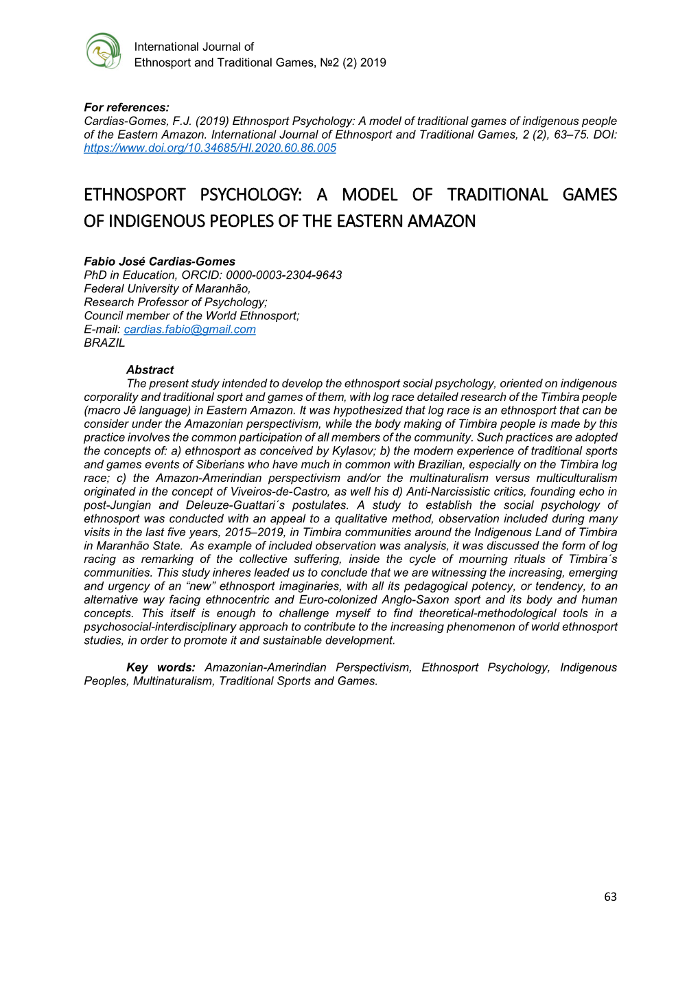Ethnosport Psychology: a Model of Traditional Games of Indigenous People of the Eastern Amazon