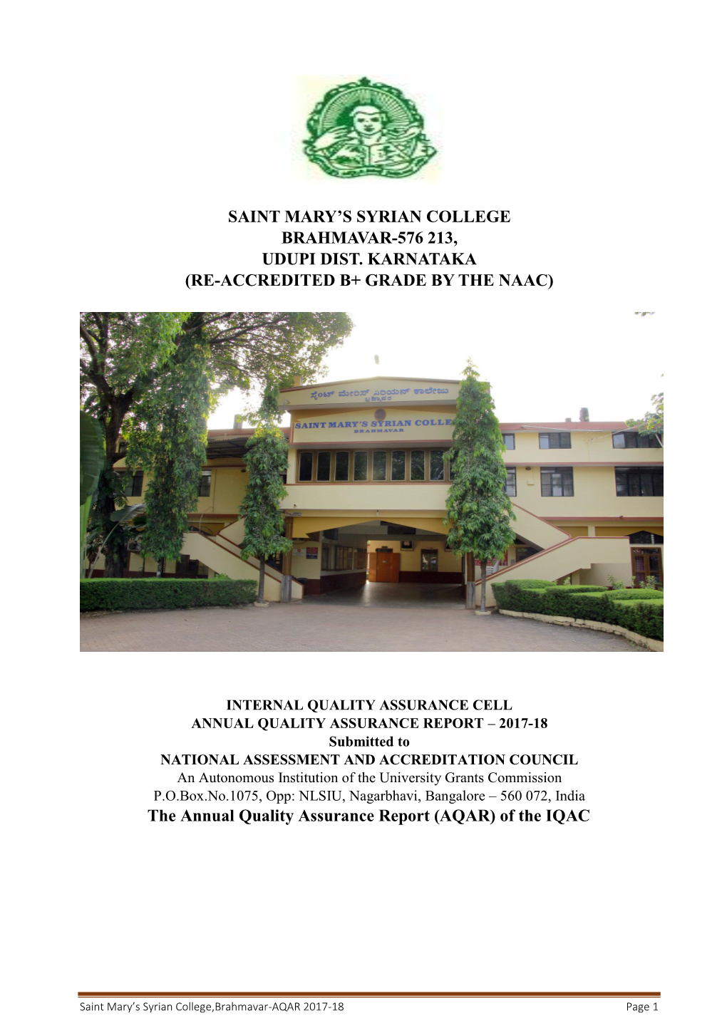 SAINT MARY's SYRIAN COLLEGE BRAHMAVAR-576 213, UDUPI DIST. KARNATAKA (RE-ACCREDITED B+ GRADE by the NAAC) the Annual Quality A