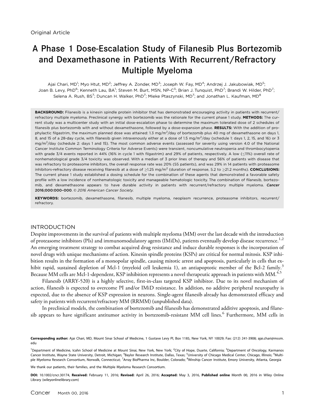Escalation Study of Filanesib Plus Bortezomib and Dexamethasone in Patients with Recurrent/Refractory Multiple Myeloma