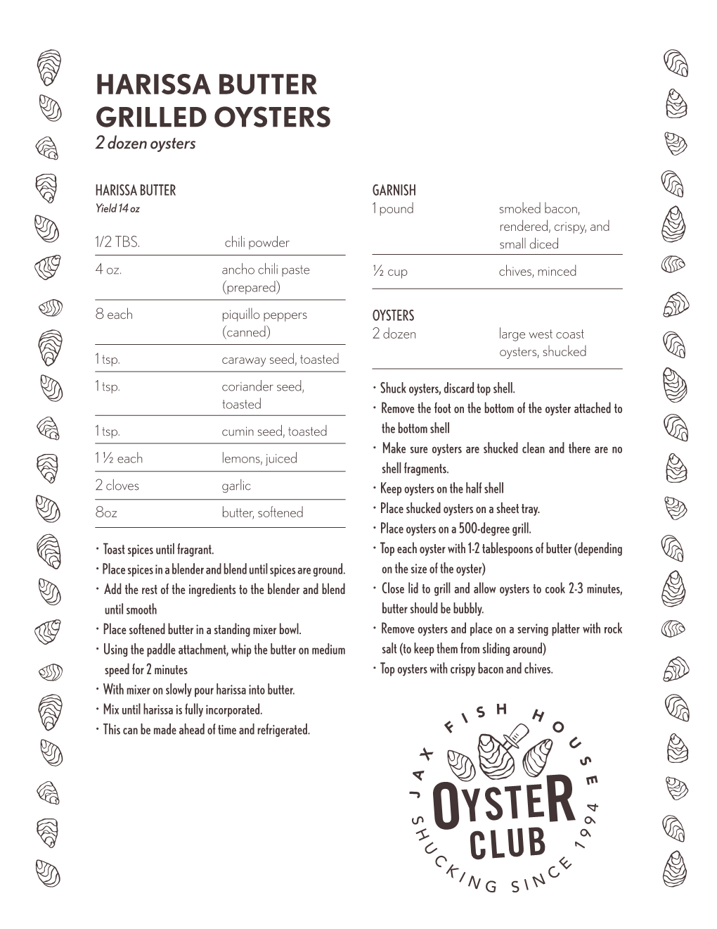 HARISSA BUTTER GRILLED OYSTERS 2 Dozen Oysters