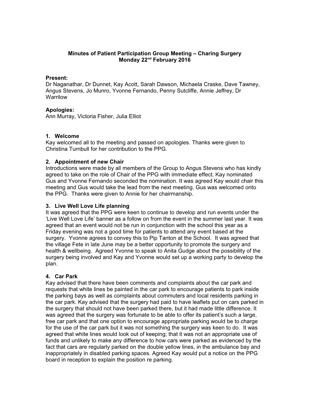 Minutes of Patient Participation Group Meeting Charing Surgery