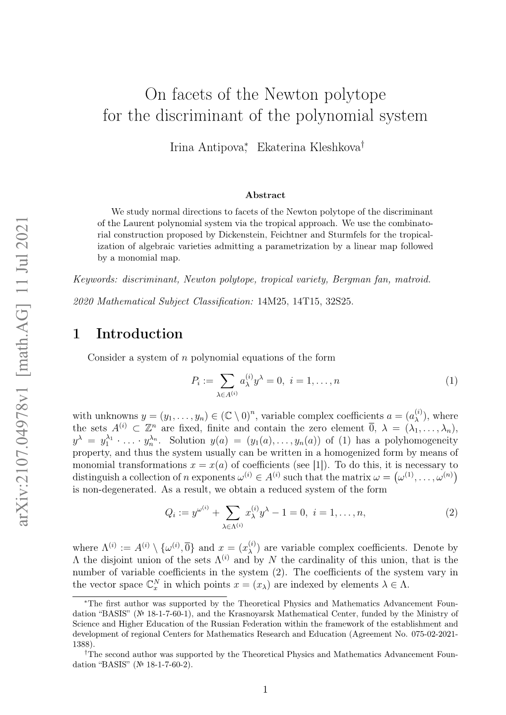 On Facets of the Newton Polytope for the Discriminant of the Polynomial System