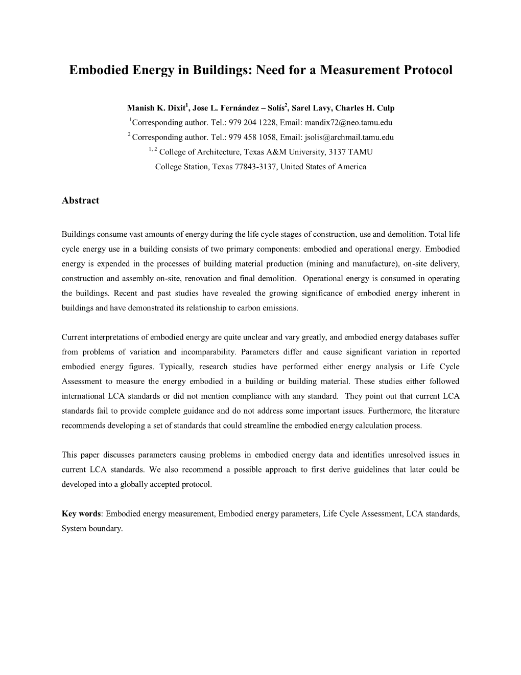 Embodied Energy in Buildings: Need for a Measurement Protocol