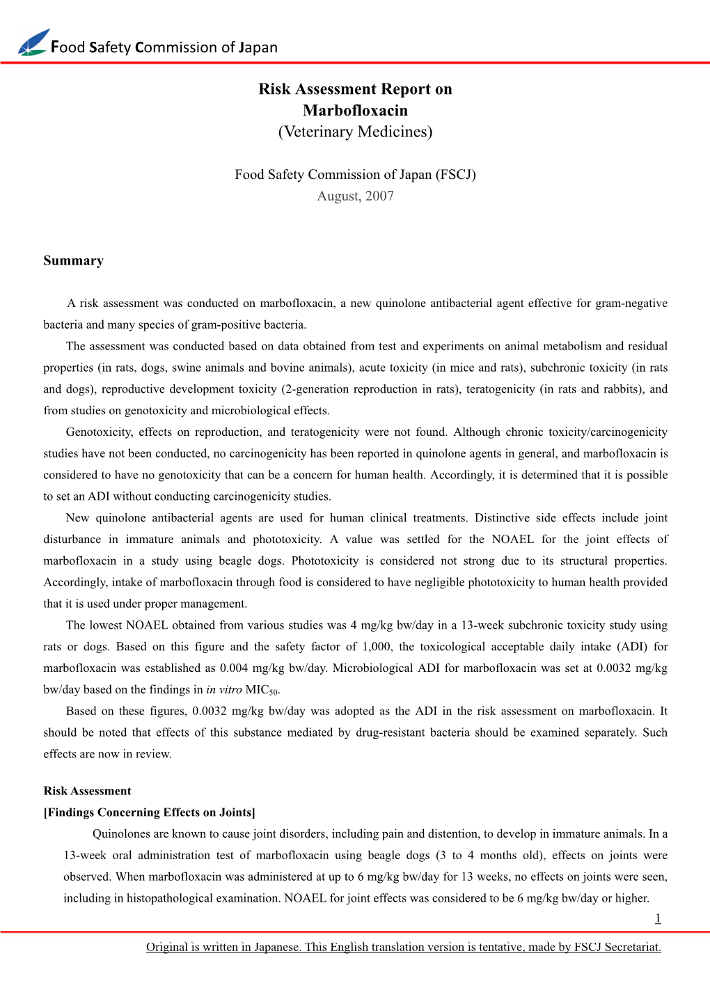 Risk Assessment Report on Marbofloxacin (Veterinary Medicines)