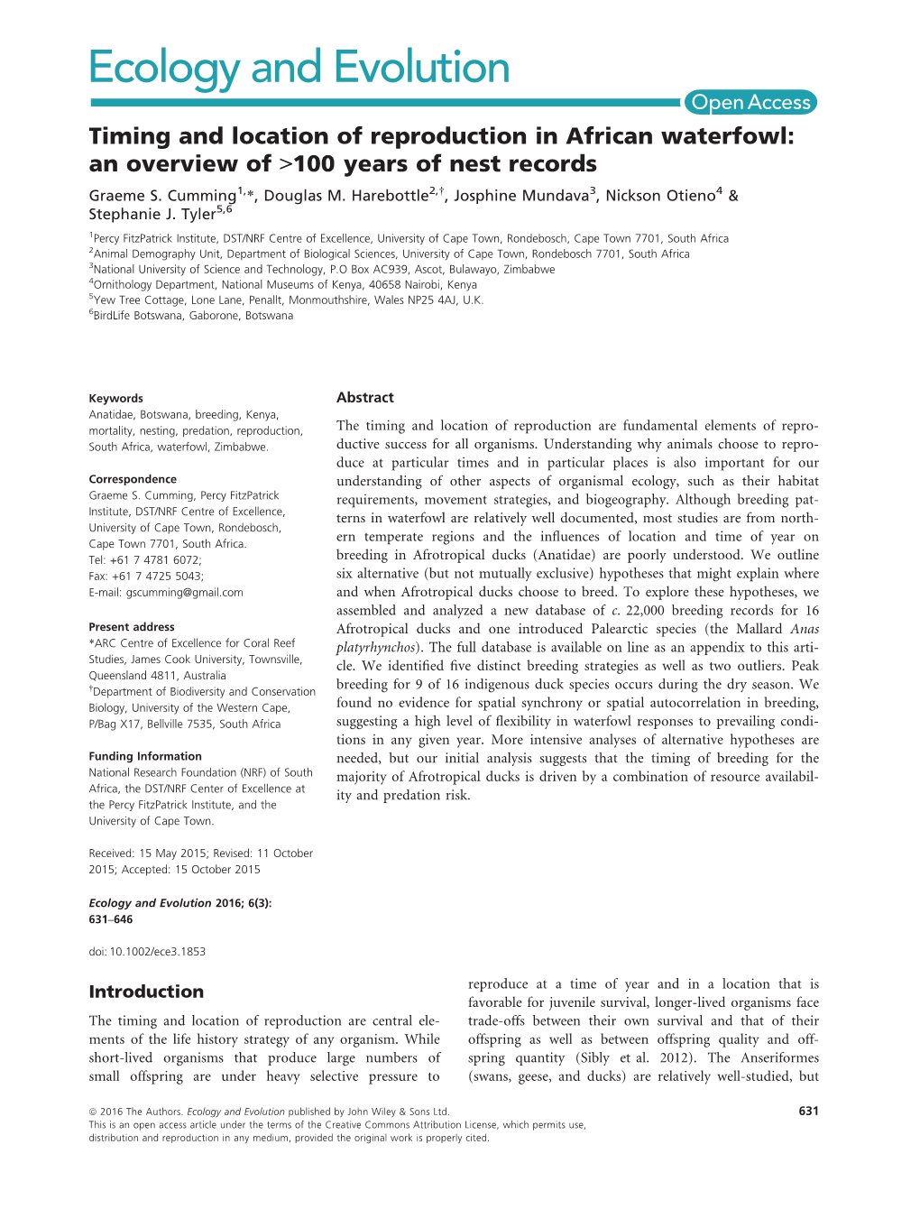 Timing and Location of Reproduction in African Waterfowl: an Overview of >100 Years of Nest Records Graeme S