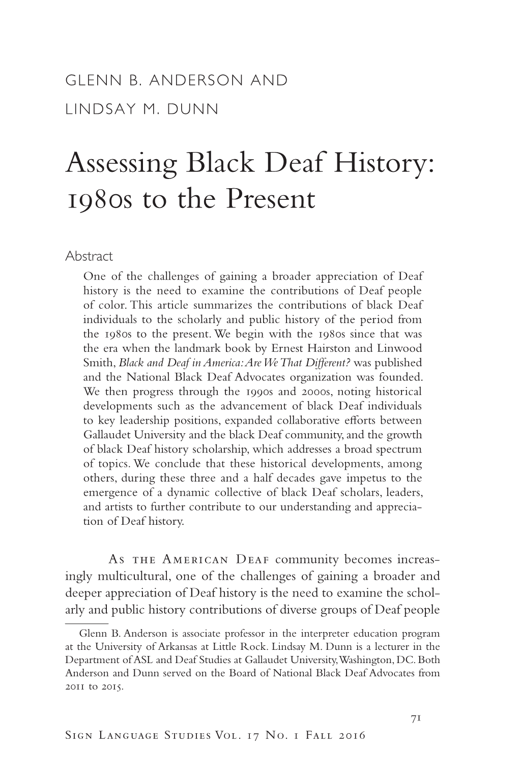 Assessing Black Deaf History: 1980S to the Present