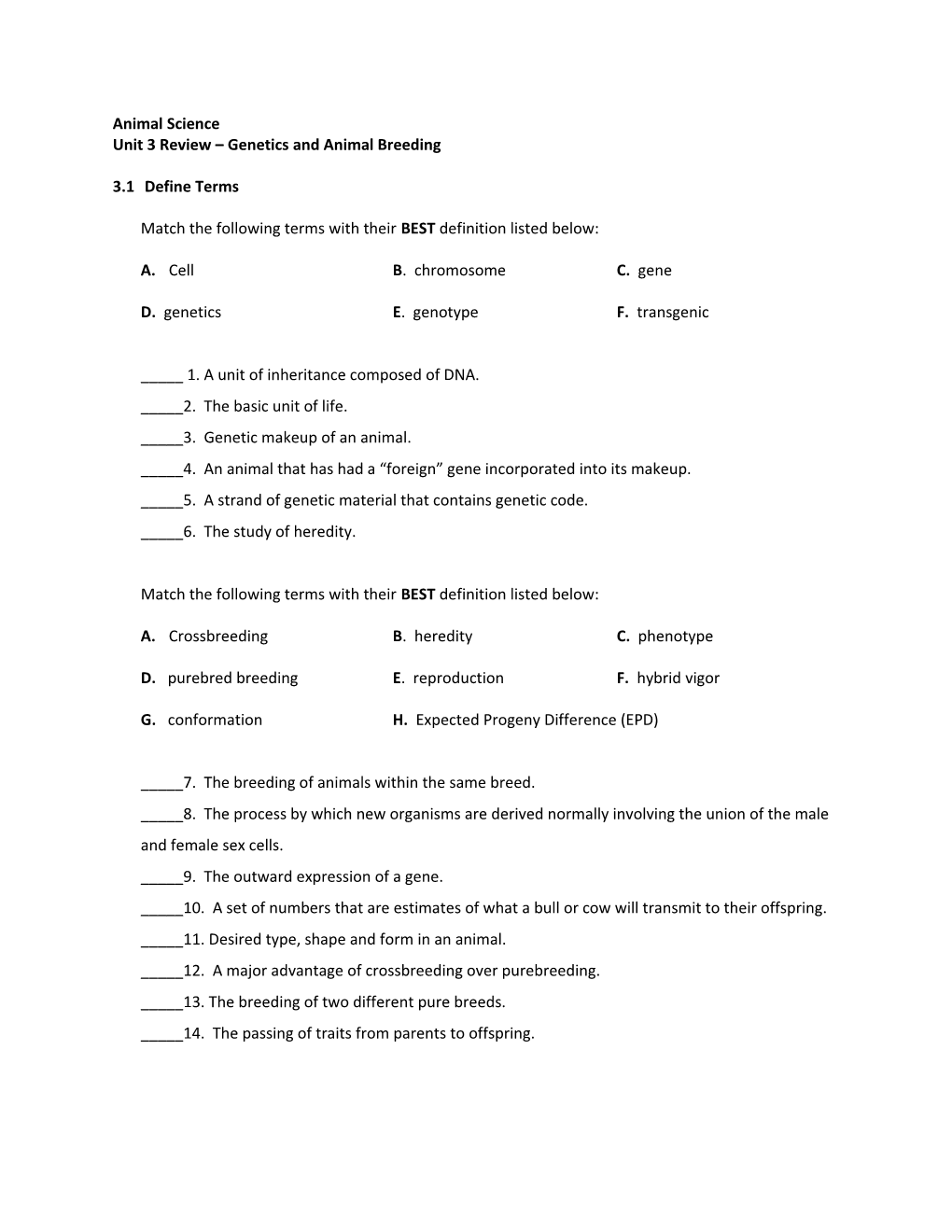 Unit 3 Review Genetics and Animal Breeding