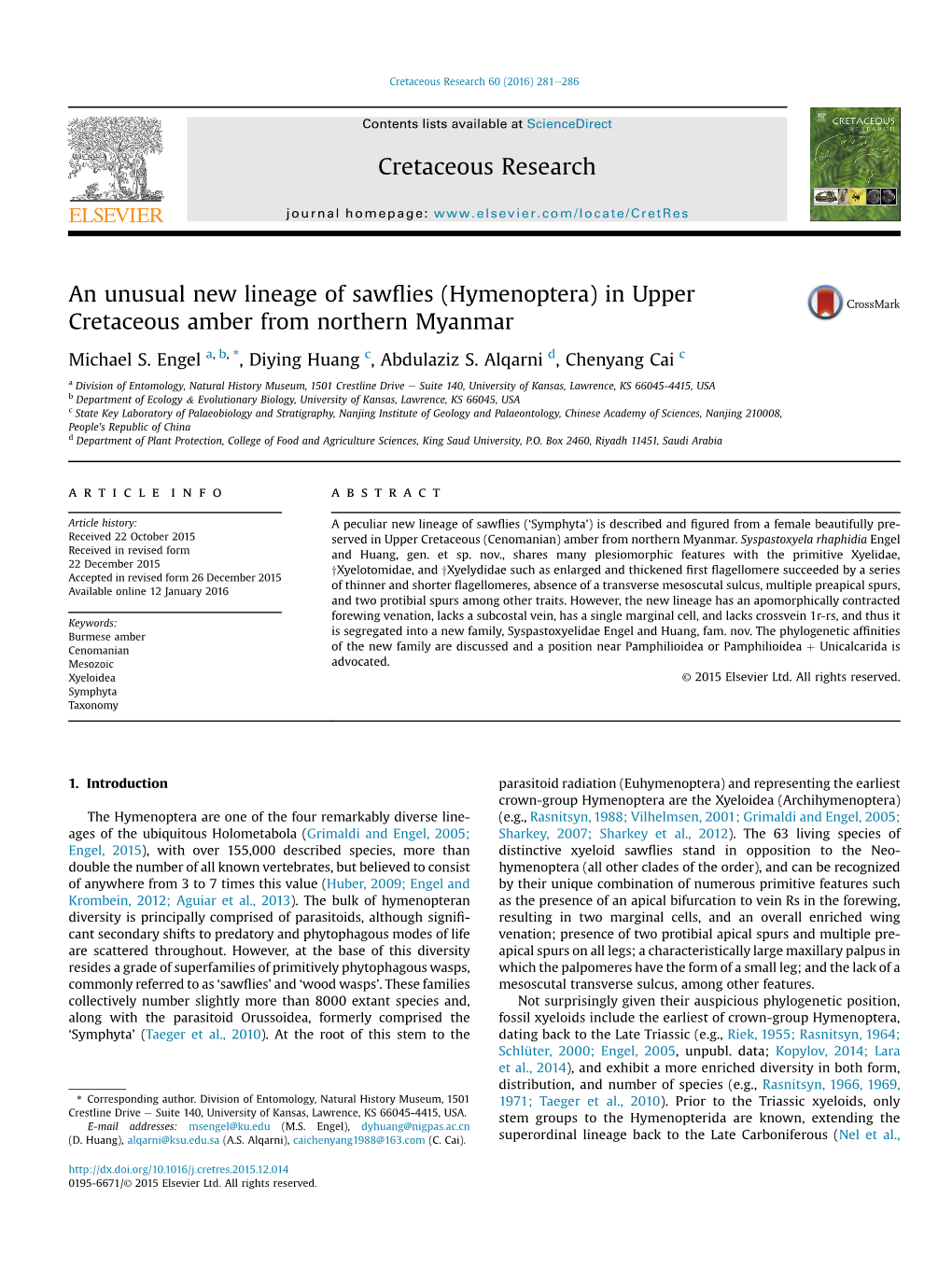 An Unusual New Lineage of Sawflies (Hymenoptera) in Upper Cretaceous Amber from Northern Myanmar