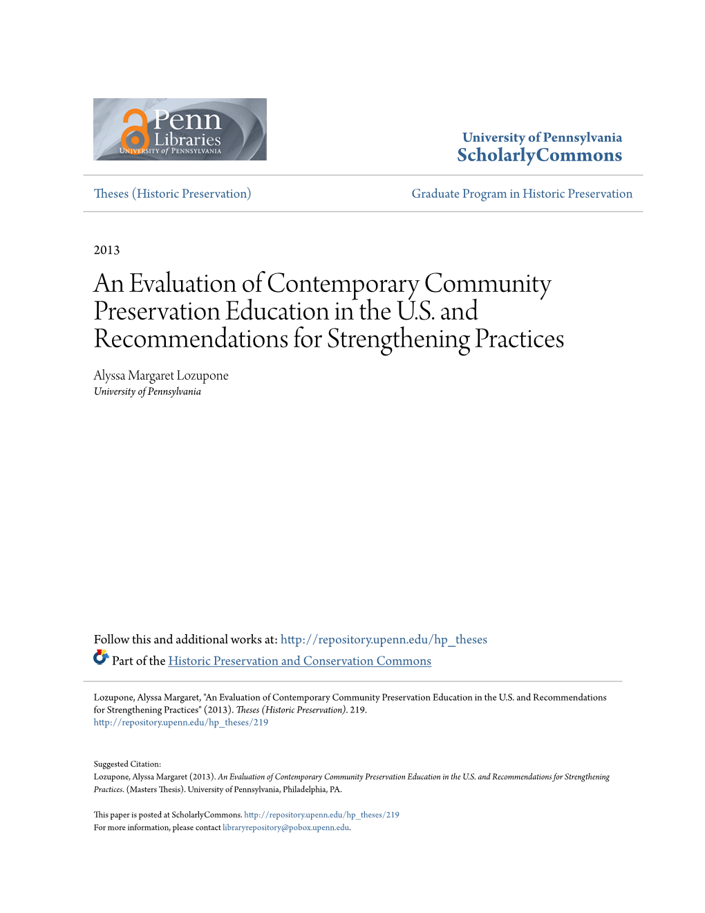 An Evaluation of Contemporary Community Preservation Education in the U.S. and Recommendations for Strengthening Practices