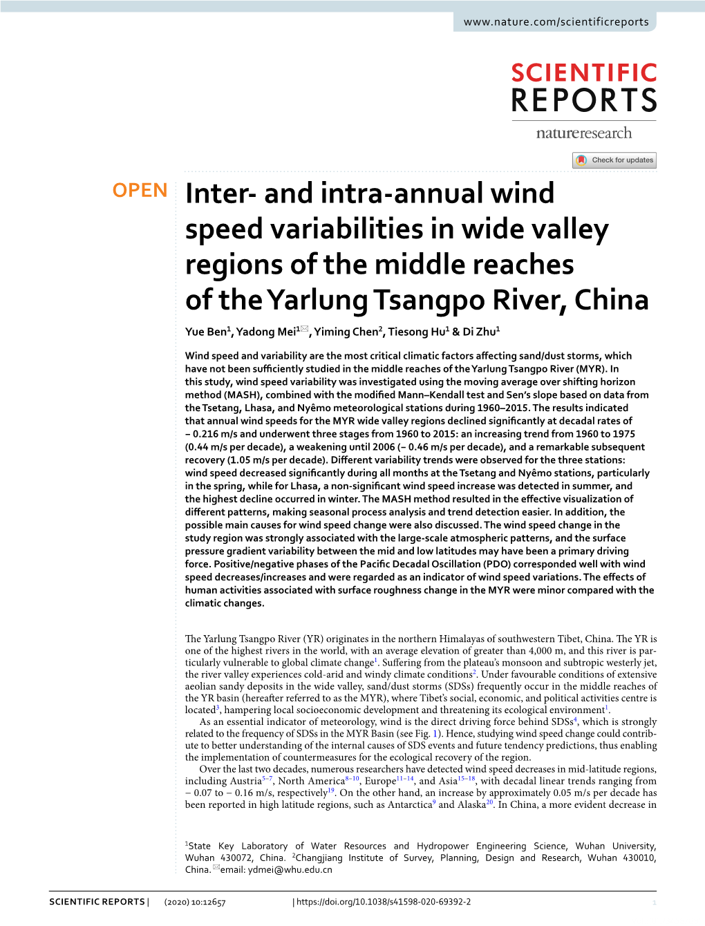 And Intra-Annual Wind Speed Variabilities in Wide Valley Regions of the Middle Reaches of the Yarlung Tsangpo River, Chin