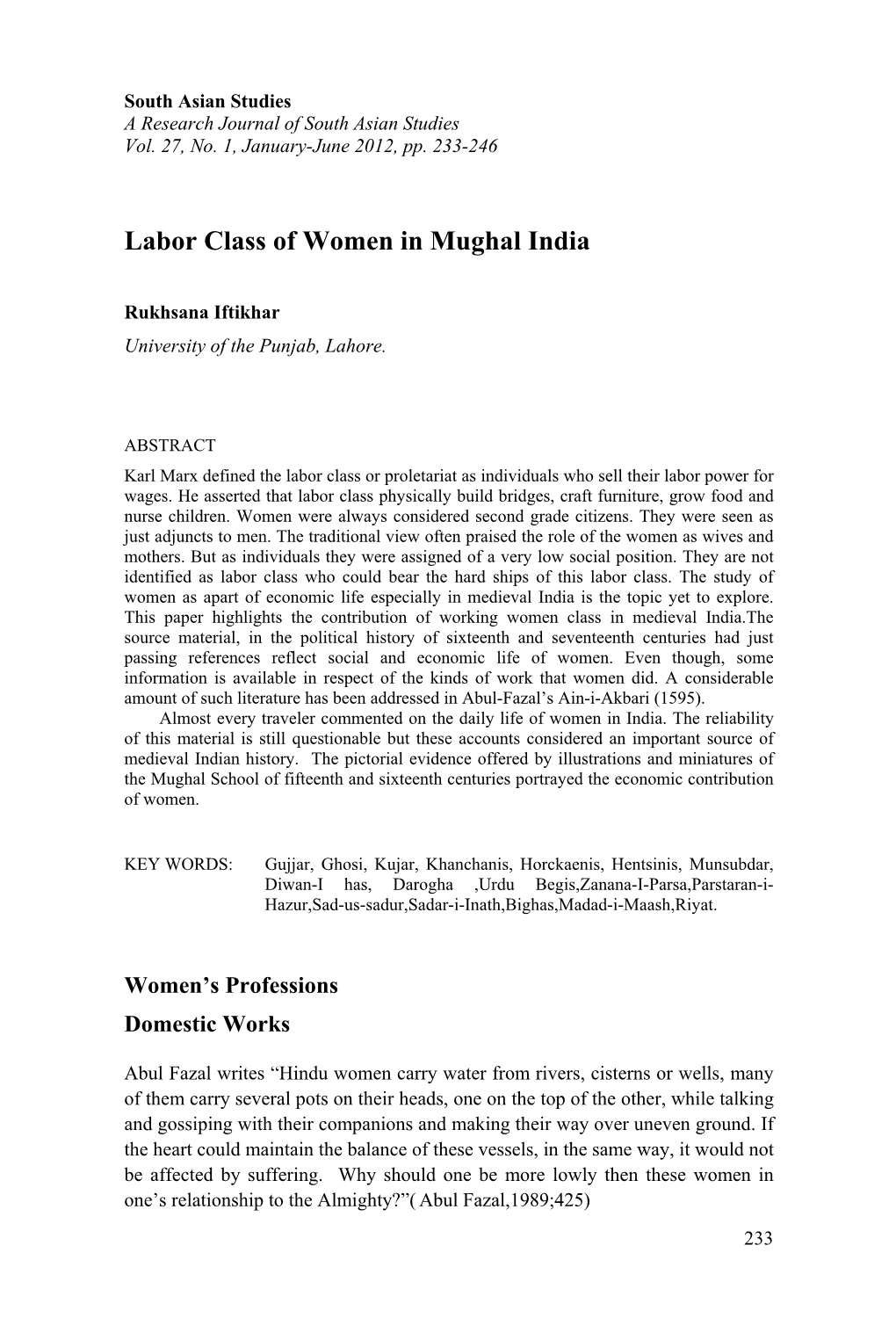 Labor Class of Women in Mughal India