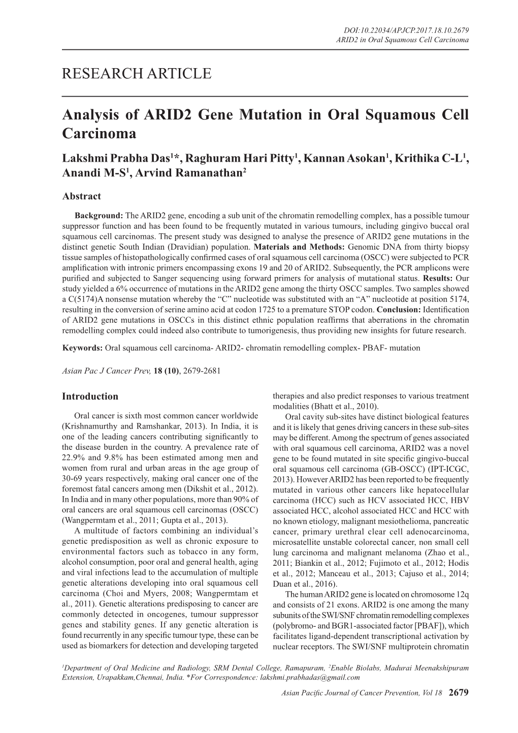RESEARCH ARTICLE Analysis of ARID2 Gene Mutation in Oral