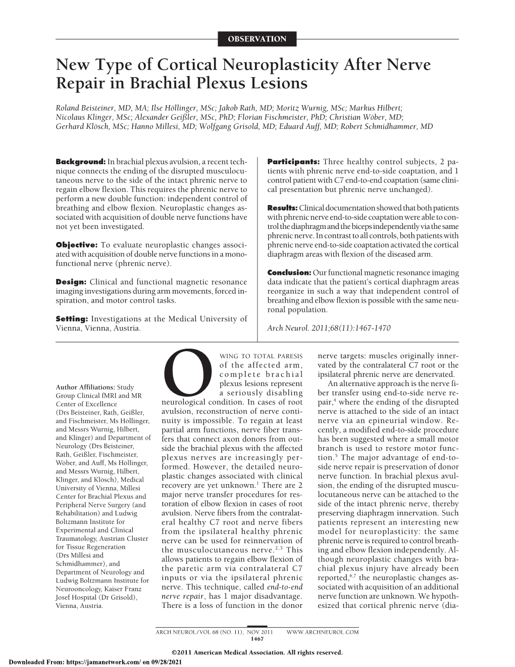 New Type of Cortical Neuroplasticity After Nerve Repair in Brachial Plexus Lesions