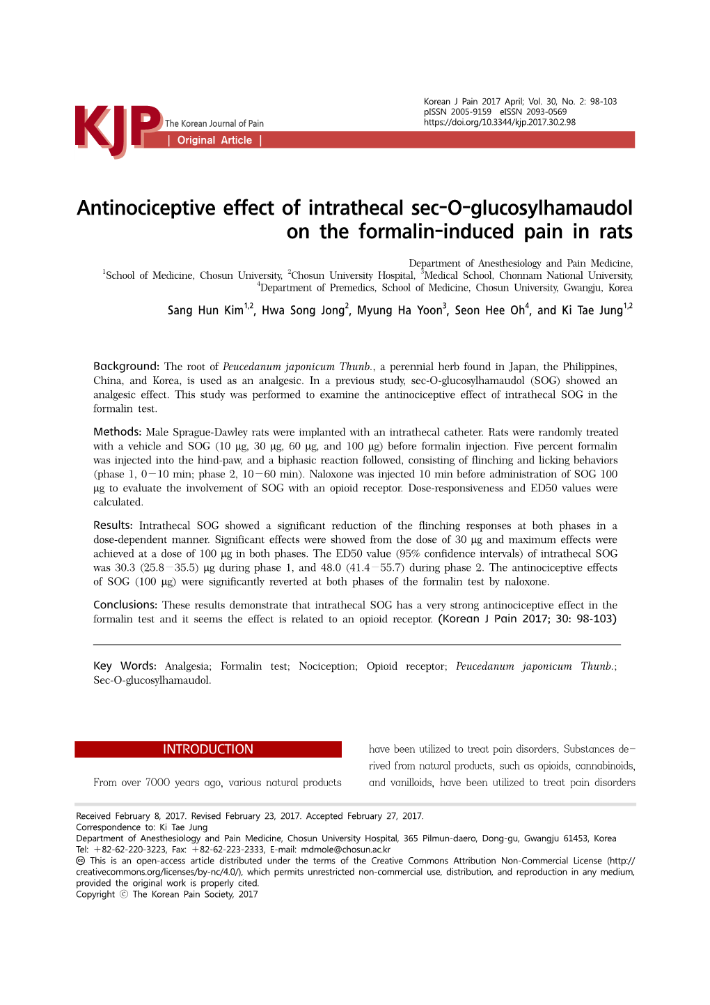 Antinociceptive Effect of Intrathecal Sec-O-Glucosylhamaudol on the Formalin-Induced Pain in Rats