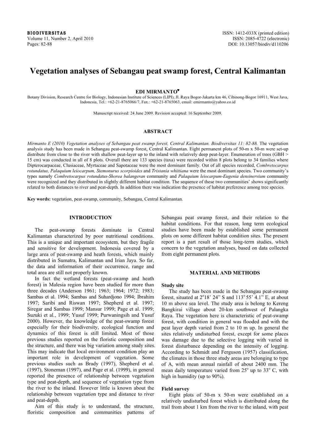 Vegetation Analyses of Sebangau Peat Swamp Forest, Central Kalimantan