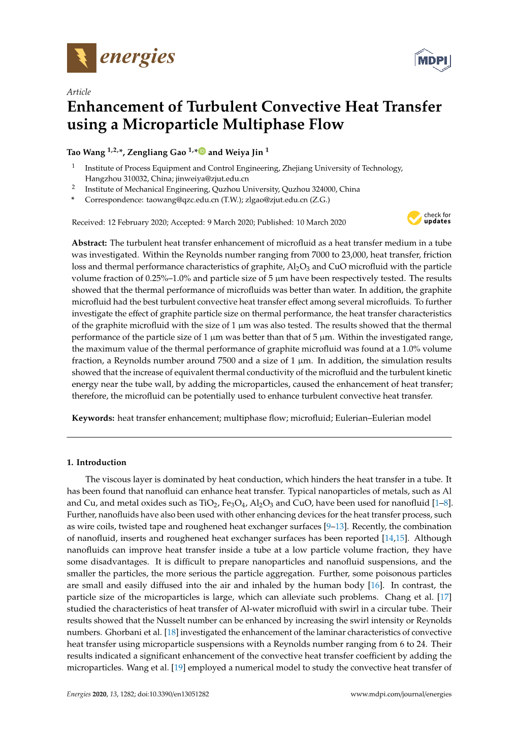 Enhancement of Turbulent Convective Heat Transfer Using a Microparticle Multiphase Flow