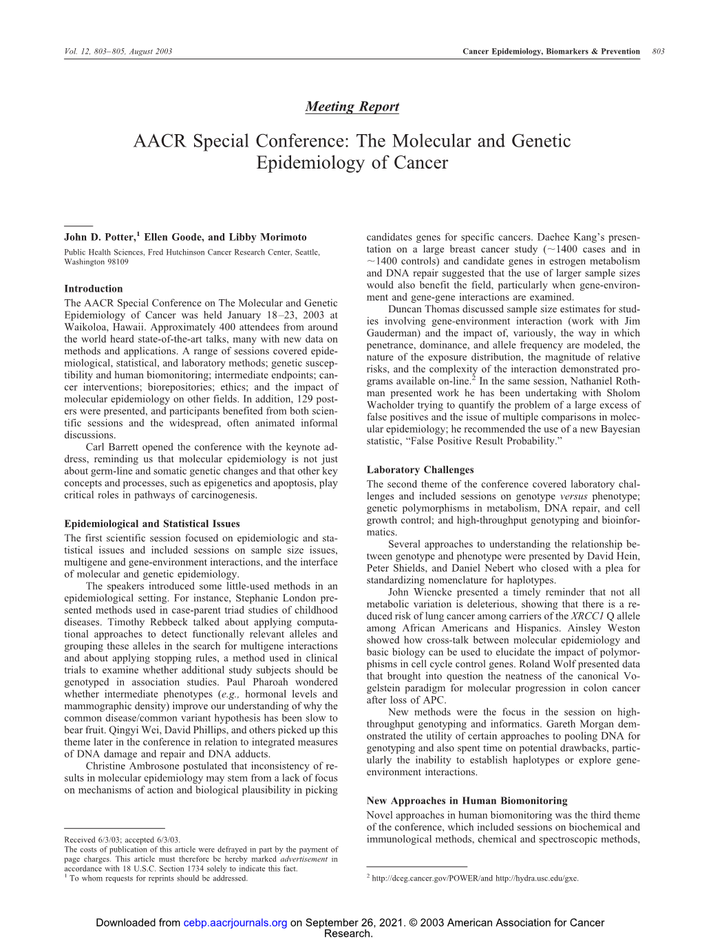 The Molecular and Genetic Epidemiology of Cancer