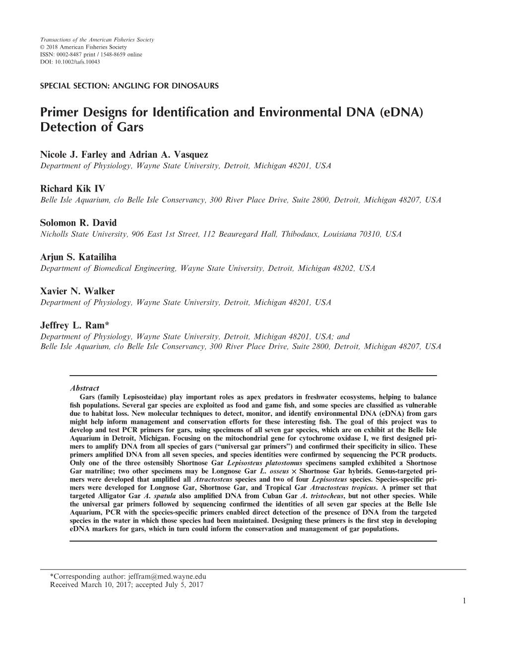 Primer Designs for Identification and Environmental DNA (Edna)