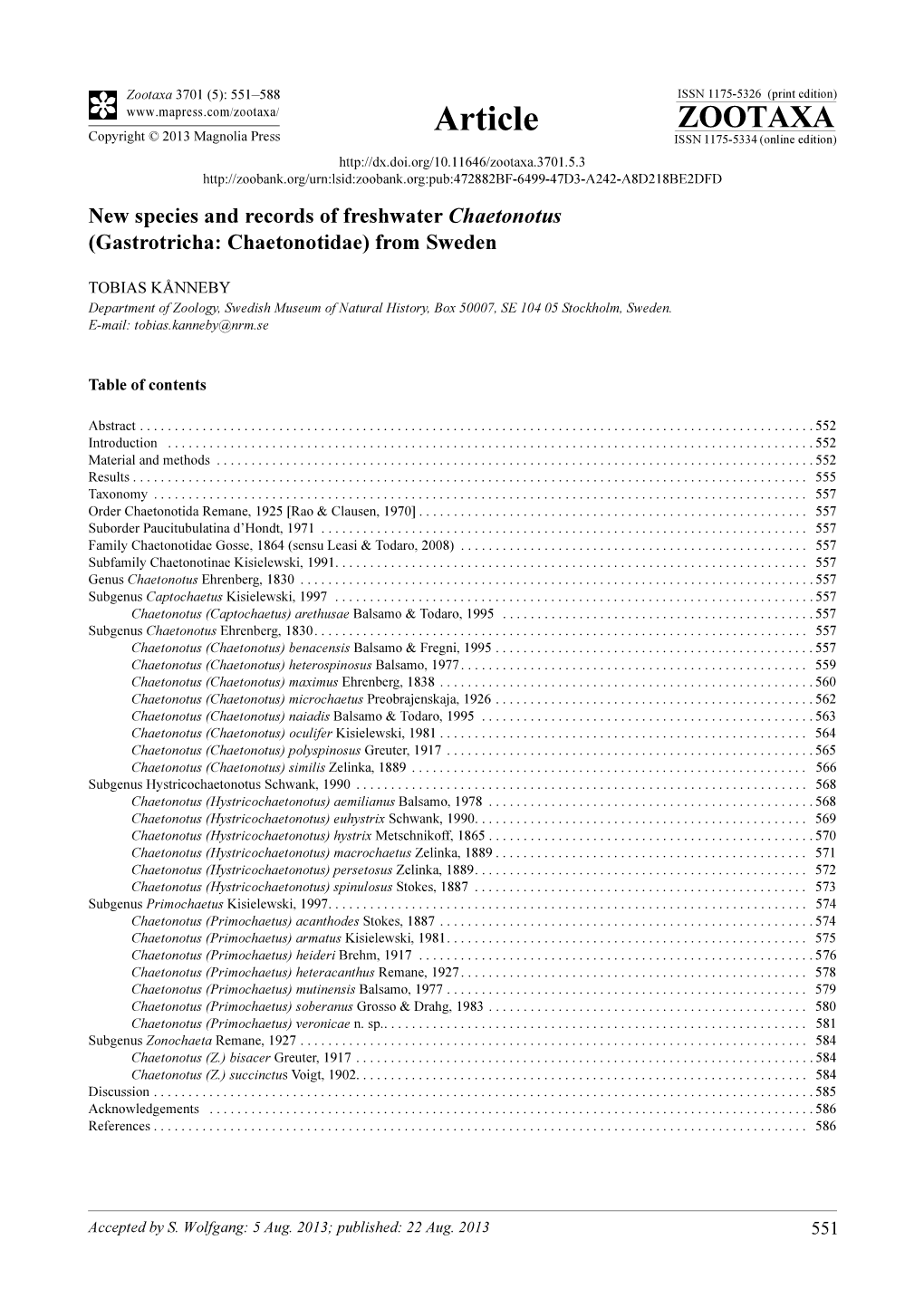 New Species and Records of Freshwater Chaetonotus (Gastrotricha: Chaetonotidae) from Sweden