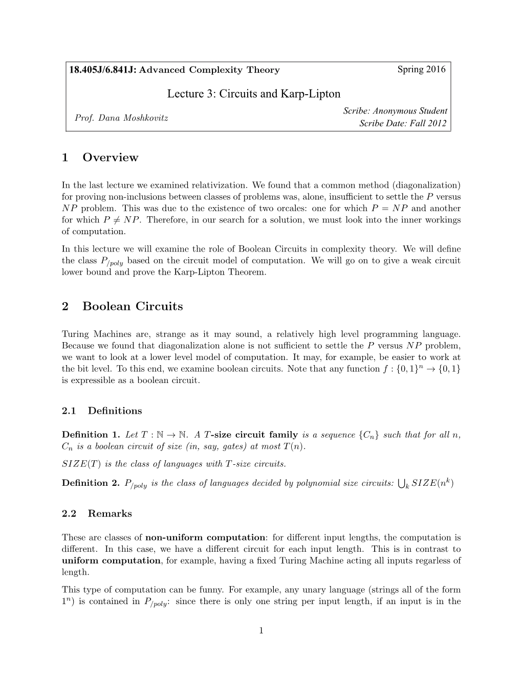 18.405J S16 Lecture 3: Circuits and Karp-Lipton