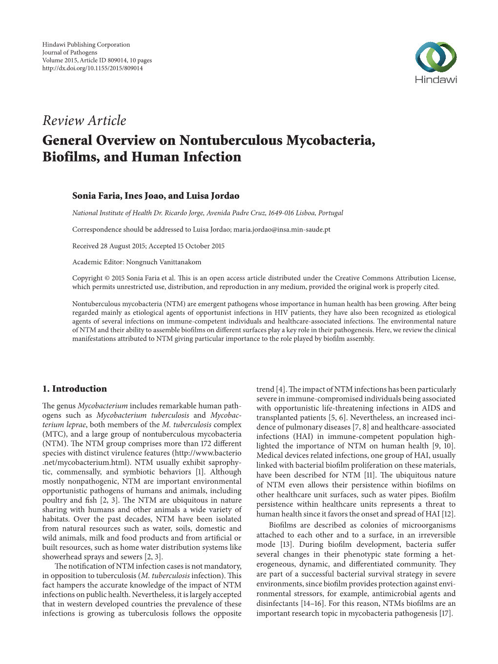 Review Article General Overview on Nontuberculous Mycobacteria, Biofilms, and Human Infection