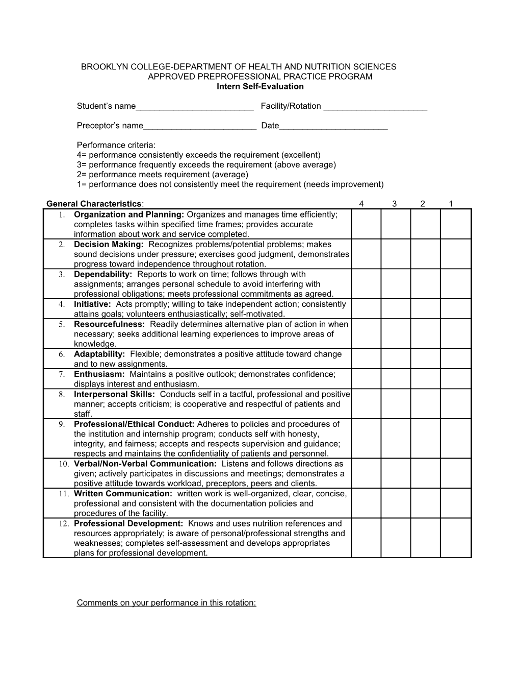 Student Evaluation for Each Rotation