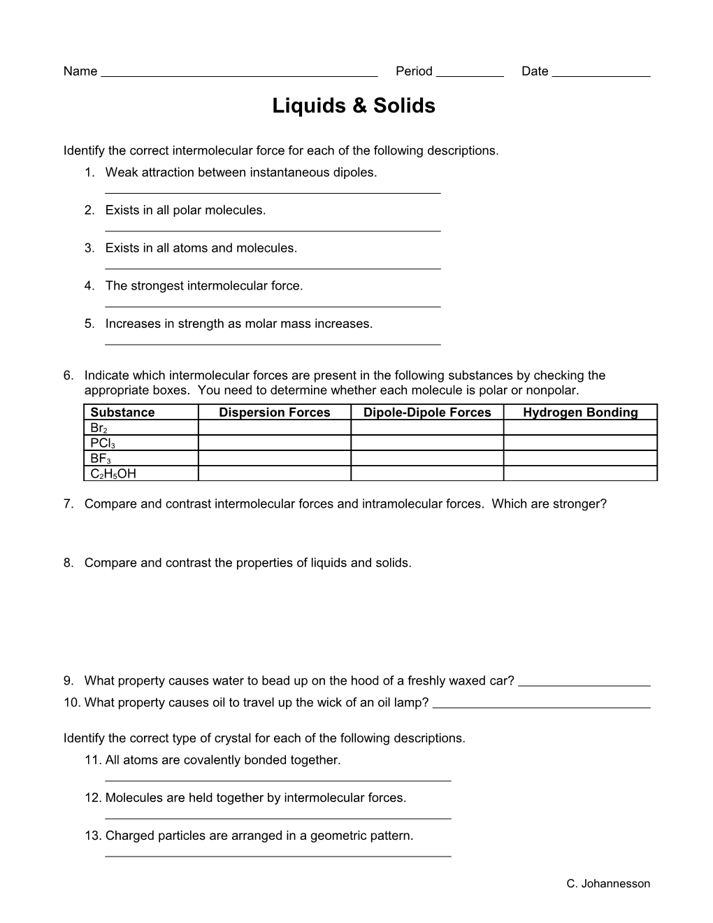 Liquids & Solids Worksheet