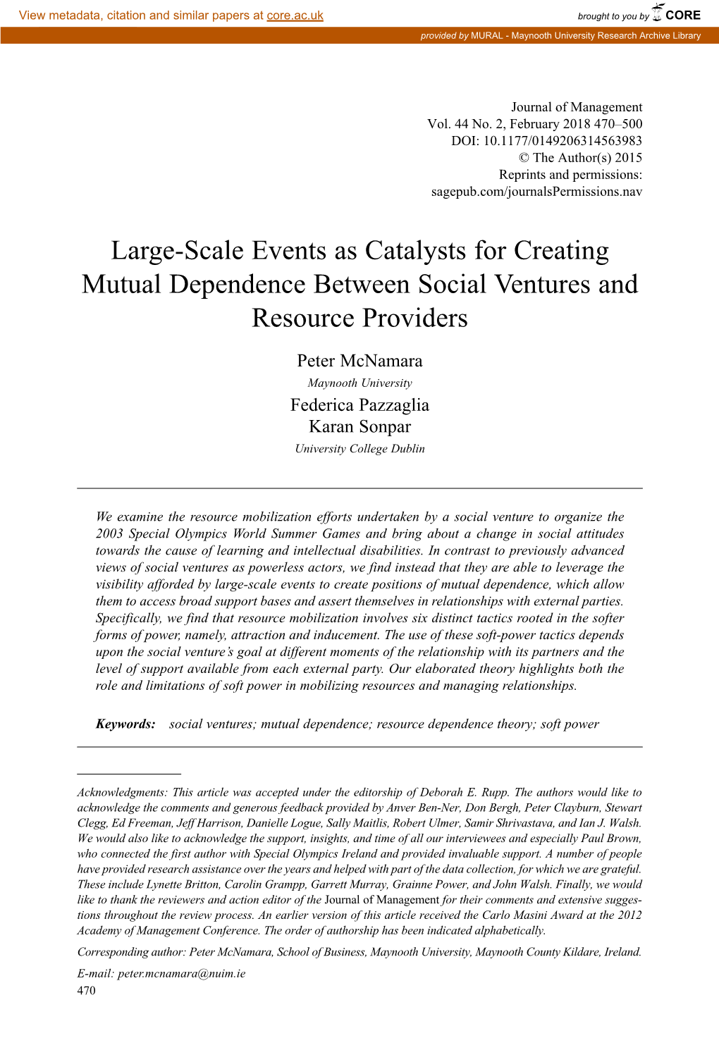 Large-Scale Events As Catalysts for Creating Mutual Dependence Between Social Ventures and Resource Providers