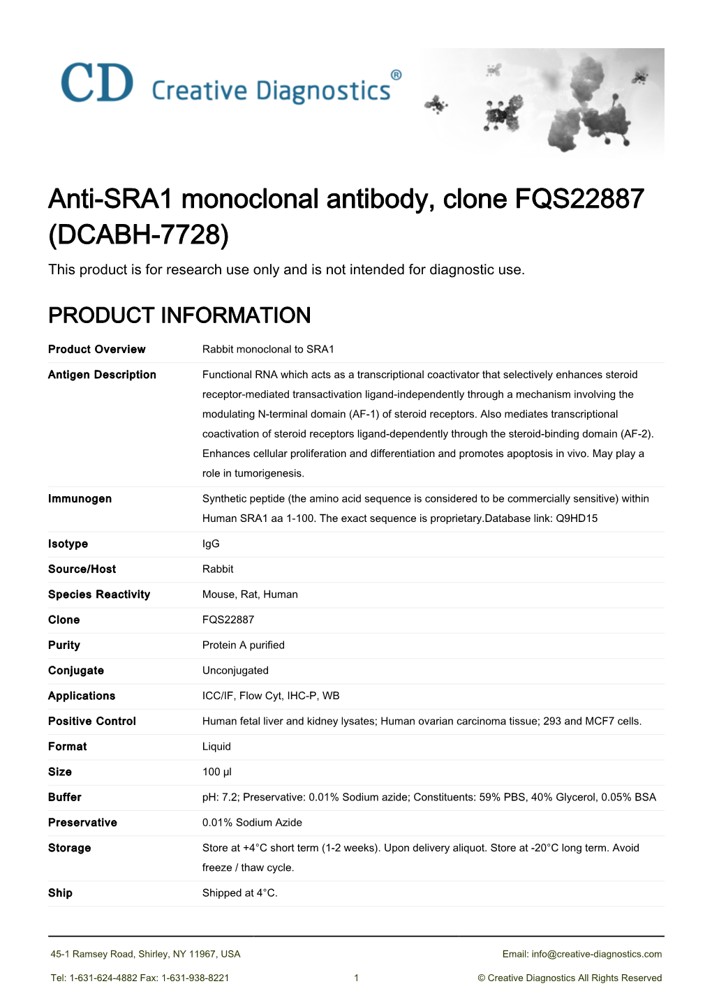 Anti-SRA1 Monoclonal Antibody, Clone FQS22887 (DCABH-7728) This Product Is for Research Use Only and Is Not Intended for Diagnostic Use