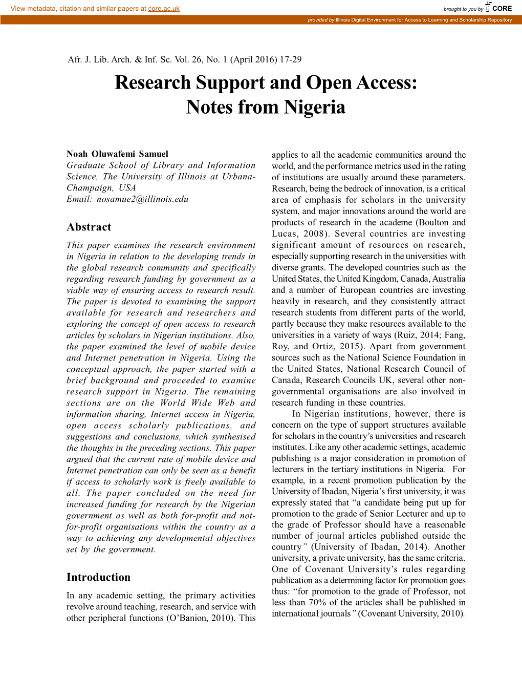 Research Support and Open Access: Notes from Nigeria